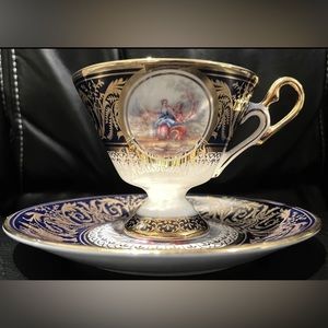 Sovereign Fine China Rare Vintage - Gold Blue & Women Design Teacup and Saucer